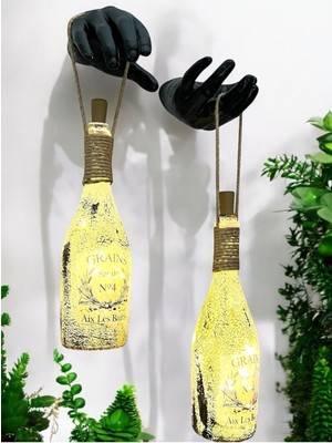 El Yapımı Siyah Erkek Eli Heykeli Dekorlu Peri LED Işıklı Buzlu Cam Şampanya Şişesi Aplik 2'li Set