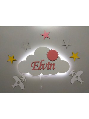 Çocuk Odası Dekoratif Air Force Ahşap Bulut Uçaklı Gece Lambası Ledli Aydınlatma