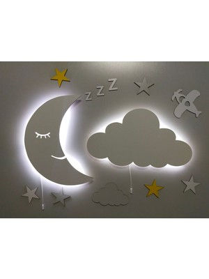 Çocuk Odası Dekoratif Ay Dede Ahşap Bulut Uçaklı Gece Lambası Ledli Aydınlatma