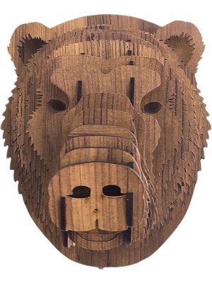 Pilli Boz Ayı Kafası Tasarımlı Doğal Ahşap Rustik Salon LED Aplik Duvar Dekoru (Led Ampul Dahil)