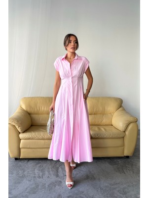 Arben Boutique Kolsuz Vatkalı Önden Düğmeli  Bel Pens Detaylı Poplin Elbise - Pembe