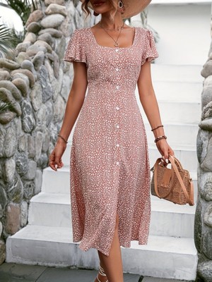 Alinn Butikk Kadın Kısa Kollu Önü Düğmeli Volanlı Minik Leopar Desen Midi Viskon Elbise