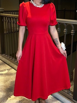 La Mode Istanbul Kadın Bisiklet Yaka Kısa Kol Lastik Detay Uzun Elbise