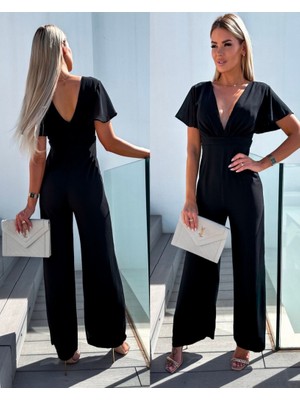 Nidam Butik Kadın Kısa Kollu Kruvaze Yaka Sırt Dekolteli Pegasus Kumaş Tulum