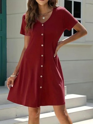 Aknbutik Kadın Kısa Kollu V Yaka Önü Düğmeli Viskon Elbise