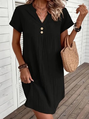 Gökyüzü Moda Kadın Kısa Kollu V Yakalı Düğmeli Müslim Kısa Elbise