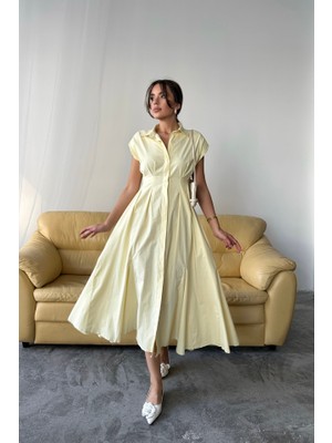 Arben Boutique Kolsuz Vatkalı Önden Düğmeli  Bel Pens Detaylı Poplin Elbise - Sarı