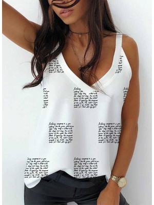 Arben Boutique Kadın Omuz Askılı V Yaka Dijital Baskı Detay Mikro Kumaş Bluz