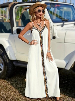 Ag Shoppings Kadın Askılı V Yakalı Etnik Şerit Detaylı Uzun Viskon Elbise