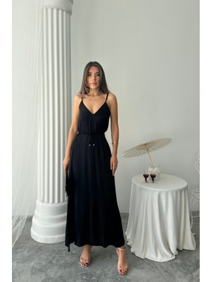 Passense Jakar Saten Degaje Askılı Elbise Ip Kemerli - Siyah