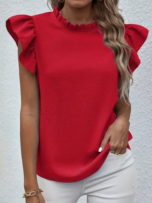 Arben Boutique Kadın Kısa Kollu Fırfır Yakalı Bürümcük Bluz