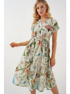 Alinn Butikk Desenli Kısa Kol Elbise 2558 - Çağla