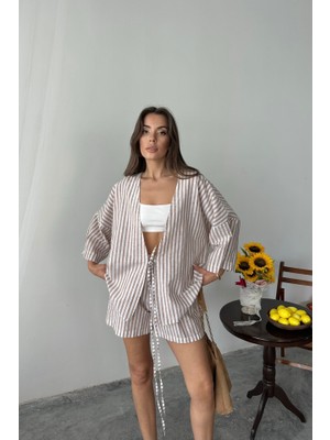 Gökyüzü Moda Çizgili Tunik -  Şort Takım - Bej