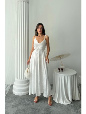 Gökyüzü Moda Jakar Saten Degaje Askılı Elbise Ip Kemerli - Beyaz