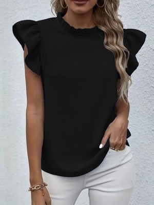 Nidam Butik Kadın Kısa Kollu Fırfır Yakalı Bürümcük Bluz