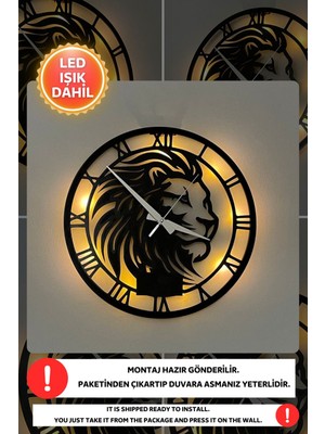 LED Işıklı Aslan Duvar Saati Sessiz Dekoratif Modern Siyah Ahşap Duvar Saati 40X40CM