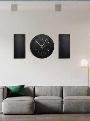 Time Collection Rayon Black 3 Parça Daire Duvar Saat, (Siyah)