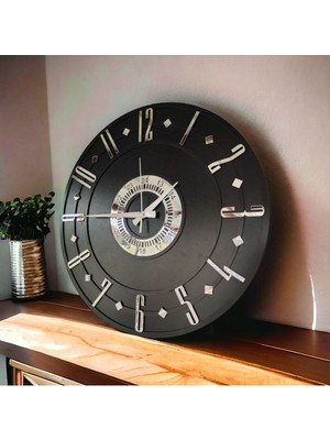 Siyah Renk Gümüş Sayılı Hediyelik Ahşap Dekoratif Farklı Desenli Ev Hediyelik Duvar Saati 50CM