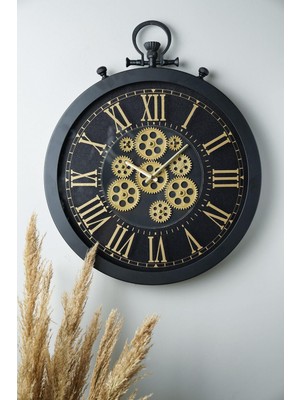 Muyika Perfetto Hareketli Çarklı Siyah Kasa 55X55CM Sessiz Mekanizmalı Vintage Duvar Saati Pods-55