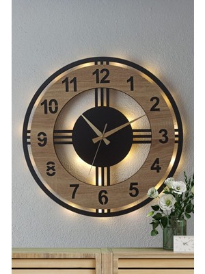 Sonoma Rengi Işıklı 40 cm Ahşap Duvar Saati | Modern Tasarım ve Dekoratif Şık LED Saat