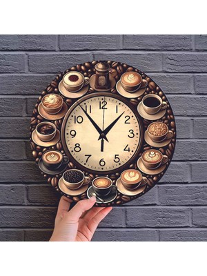 Bilge Tasarım     2d Görünümlü Baskılı Mutfak (Kitchen) Kahve Temalı Duvar Saati 35  x 35CM