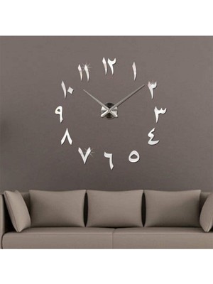 3D Dekoratif Arapça Rakamlı Yazılı Pleksi Gümüş Aynalı Duvar Saati