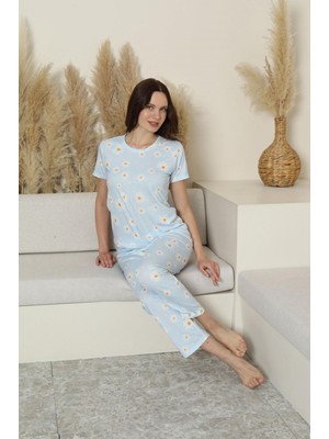 Bie's Kadın Mavi Desenli Bisiklet Yaka Düğmesiz Bambu Yazlık Dar Kesim Kısa Kol Pijama Takımı