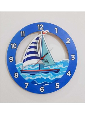 Gemi Model Çocuk Odası Duvar Saati 40X40 cm Renkli Eğlenceli Lazer Kesim Uv Baskılı
