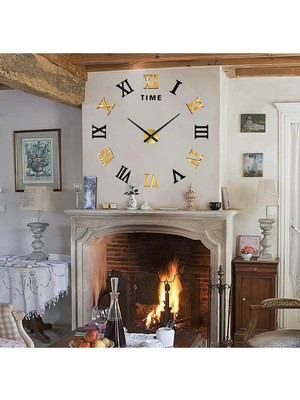 3D Duvar Saati Roma Gold-Ahşap Siyah Modern Romen Rakamlı Duvar Saati Dev Boy 10CM Rkmlr