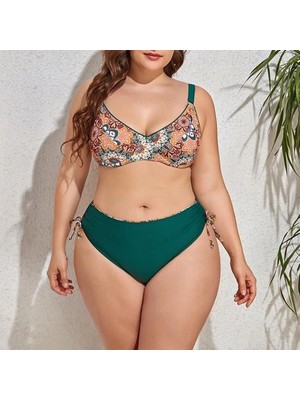 Kadın  Zümrüt Yeşil Etnik Desen Büyük Beden Bikini Takım HZL25S-LC3310
