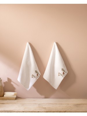 Thelma Nakışlı %100 Pamuk 2'li El Havlusu - Beyaz - 30X45 cm