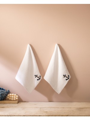 Ancre Nakışlı %100 Pamuk 2'li El Havlusu - Beyaz - 30X45 cm