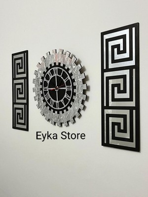 Dekoratif 3 Lü Set Pleksi Gümüş Aynalı Şık Duvar Saati ve Dekoru