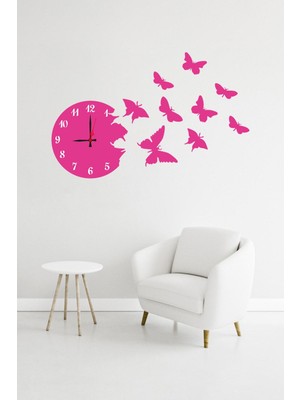 Pembe Ahşap Kelebekli Duvar Saati