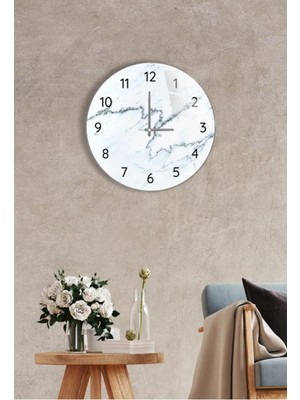 Çap 27 cm Siyah Beyaz Mermer Dekoratif Cam Saat