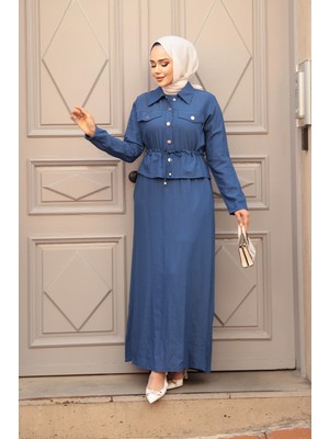 Ceketli Indigo Mavisi Tesettür Elbise Ikili Takım 44651IM