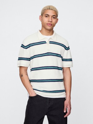 Gap Erkek Kırık Beyaz Dokulu Kroşe Polo T-Shirt