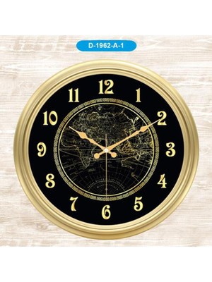 1964 Premium Serisi Dünya Haritası Desenli Duvar Saati 45 cm Gold-Black