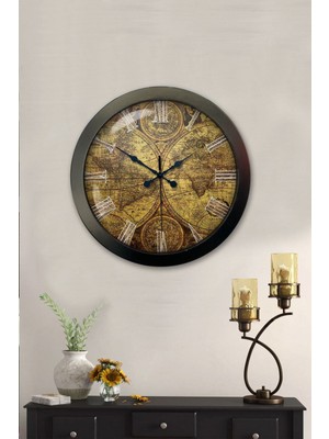 Hediyelik 36 cm Siyah Metal Harita Duvar Saati
