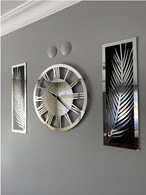 Aynalı Pleksiden 3 Parçalı Palmiye ve Vip Saat Duvar Dekor Seti