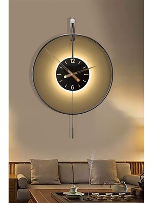 Izmir LED Time 60 cm Siyah Metal, Kablosuz Pilli Led, Modern Dekoratif Sarkaçlı Metal Duvar Saati