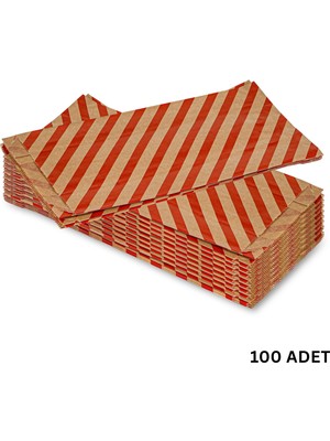 Körüklü Kraft Kese Kağıdı, Kırmızı Verev Desenli Şamua Hediye, Ambalaj Poşeti, 15X33 Cm, 100 Adet