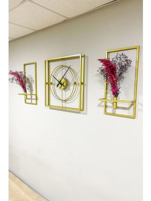Vip Set 60 cm Gold 3'lü Kare Çiçeklikli Duvar Saati