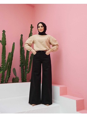 Neways Denim Bol Paça Pantolon Siyah Kadın 40 Beden Kot Kumaş ile Şık ve Rahat Tasarım