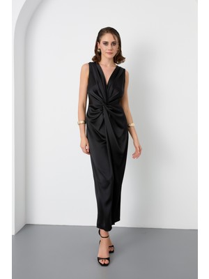 Kadın Siyah Düğüm Detaylı Midi Saten Elbise