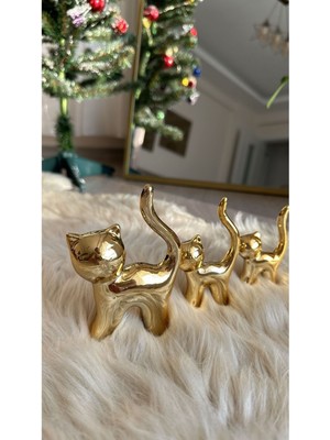 3 Lü Gold Kedi Biblo Dekoratif Sunumluk Dekor