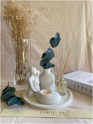 Dekoratif Iskandinav Vazo, Sarılan Sevgili, Oda Kokusu, Tealight, Yuvarlak Tepsi 5 Parça Set