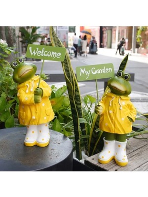 Kurbağa Set Yağmurluklu Tabela Tutan Heykel Biblo Bahçe Balkon Dekor
