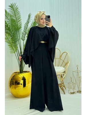 Neşeli Butik Kadın Pelerinli Kemer Detaylı Tesettür Tulum %100 Polyester Siyah Renkli Şık Tasarım