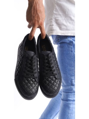 ET166 Prestige Bağcıklı Cilt Kapitone Desenli Erkek Günlük Sneaker Ayakkabı St - Siyah